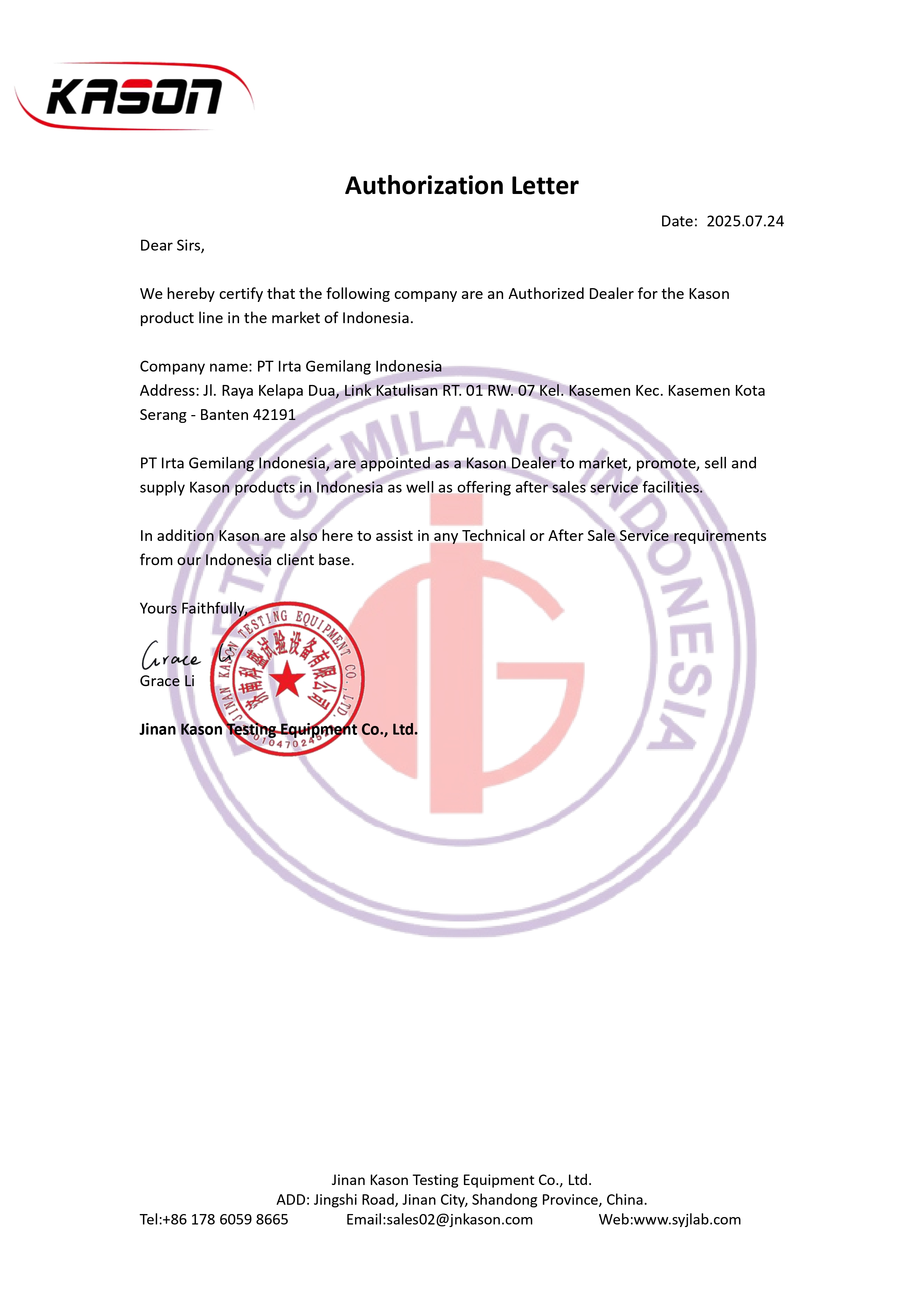 KASON Authorization Letter appointing PT Irta Gemilang Indonesia as official dealer for Indonesia, dated 2025.07.24, signed by Grace Li of Jinan Kason Testing Equipment Co., Ltd.
